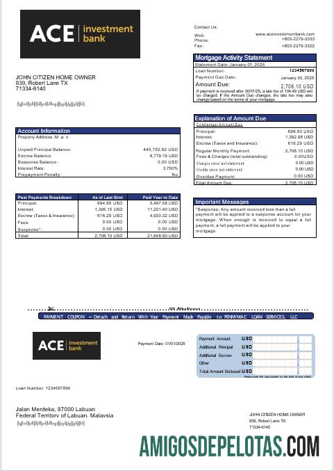 Extrato de hipoteca do banco ACE dos EUA em formatos Word e PDF modelo